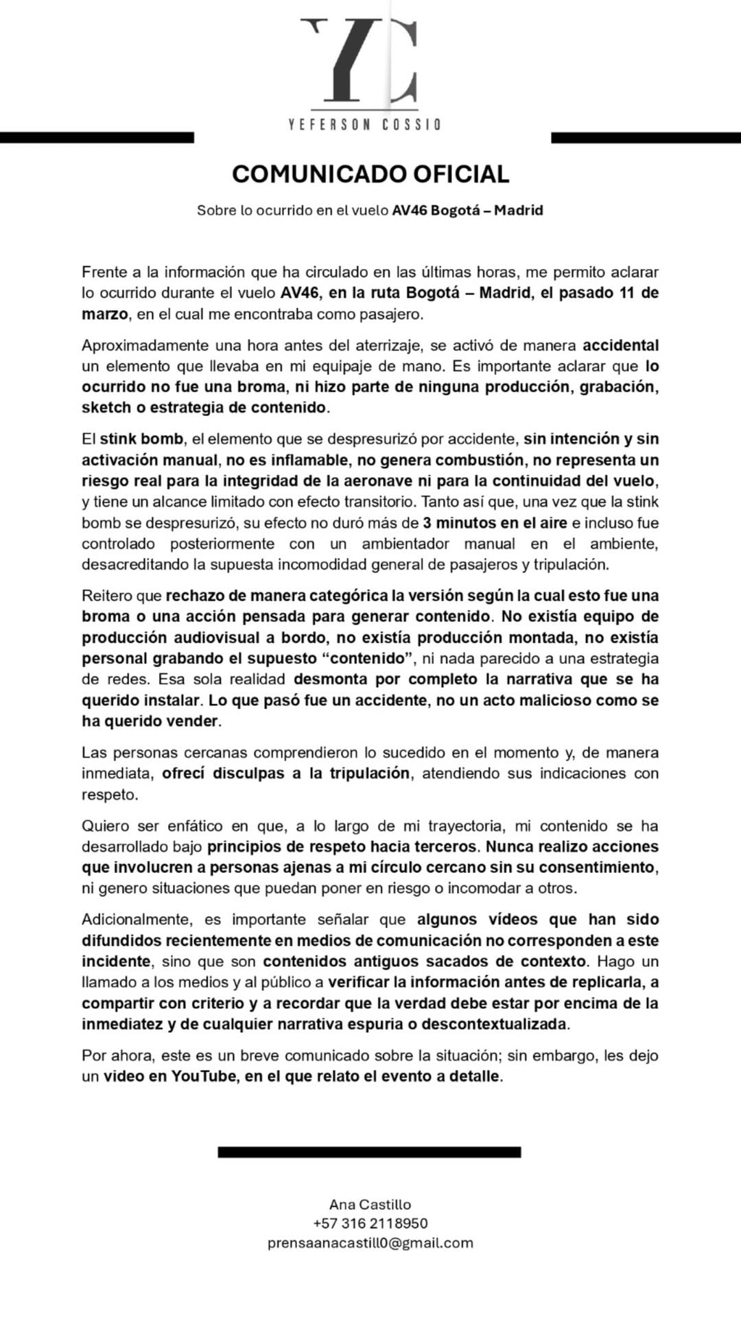 Comunicado Cossio | IG