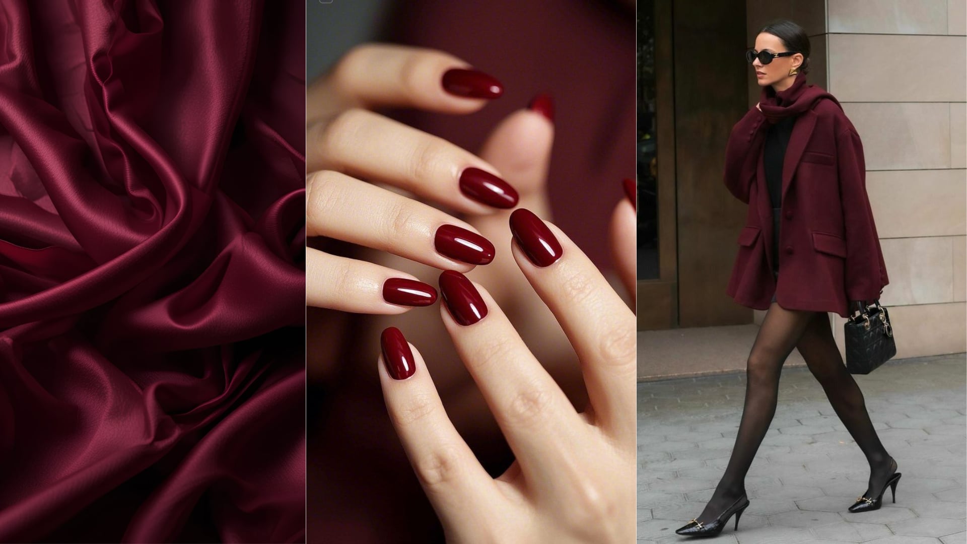 Diseños de uñas y outfits borgoña | Fotos tomadas de Pinterest: Nail Art Gallery, Jyotishman, Ruth Bright Carroll. | Collage propio