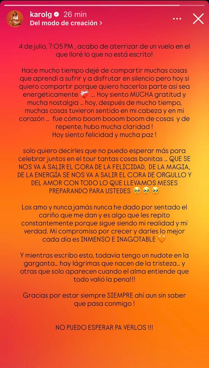 Karol G carta Instagram | Créditos: Instagram