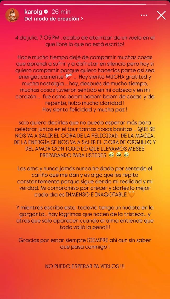 Karol G carta Instagram | Créditos: Instagram