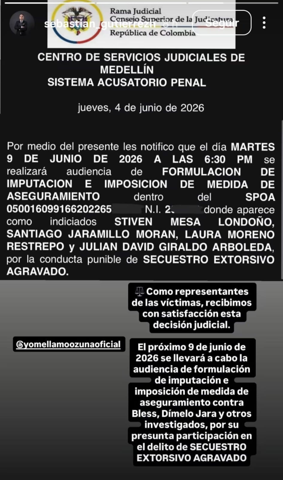 Créditos: Captura de Instagram del abogado defensor caso de Blessd