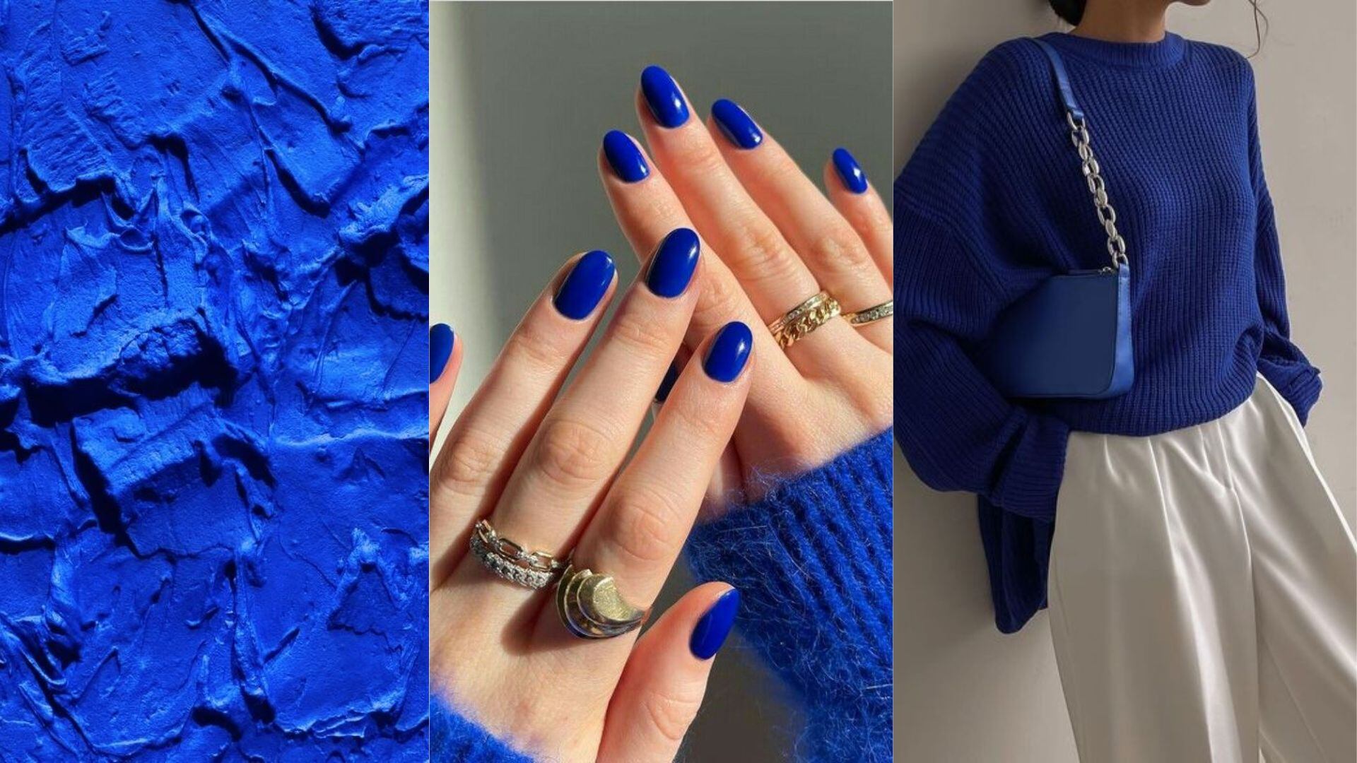 Diseño de uñas y outfits azul eléctrico. | Fotos tomadas de Pinterest: Kaitlyn Vieyra, Amelia, freya catherine. | Collage propio.