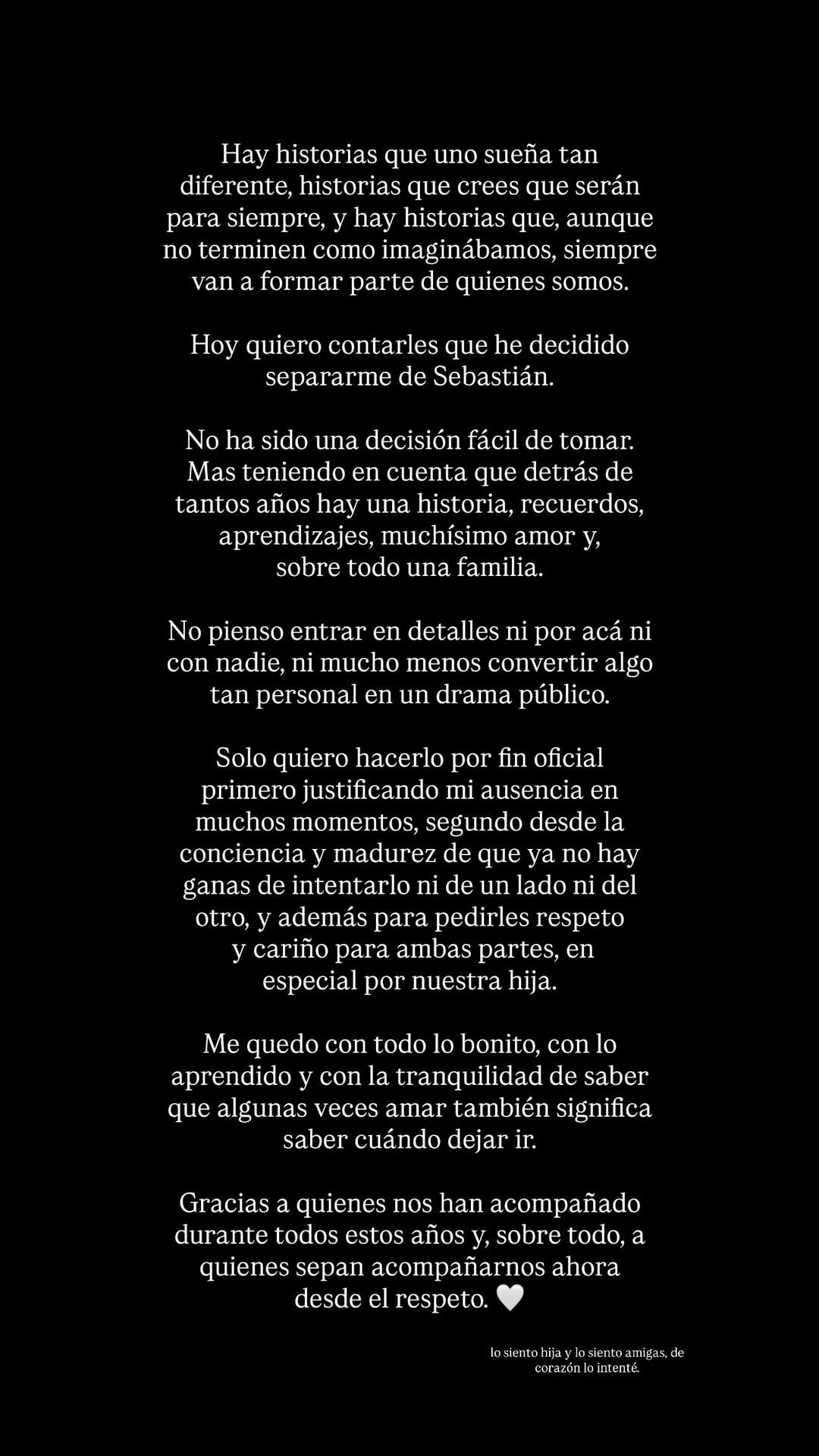 Comunicado Camila Santamaría ruptura | Créditos: Instagram
