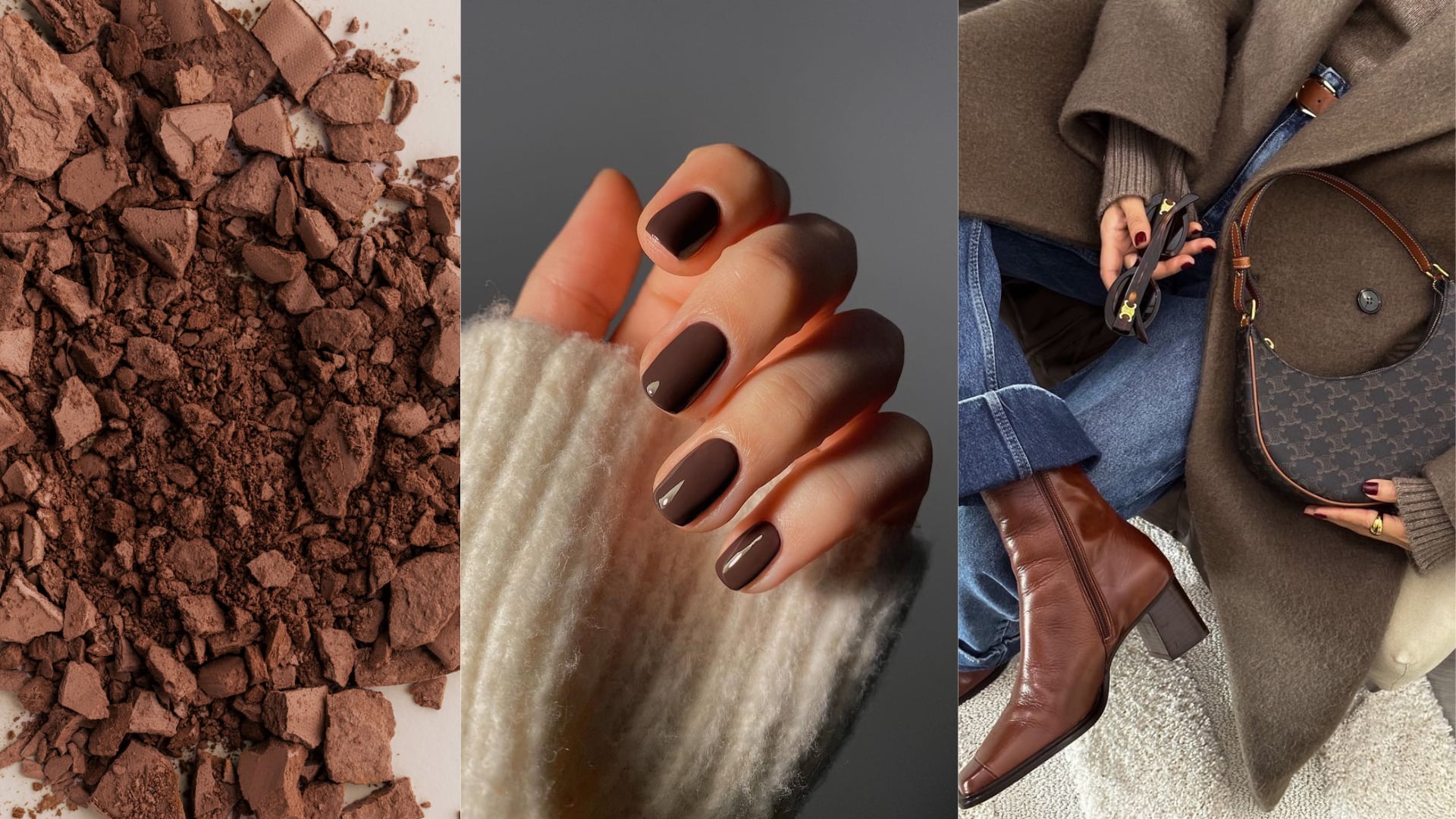 Diseño de uñas y outfit mocha mousse. | Fotos tomadas de Pinterest: Kaboompics, Hilbeen, Elpistyle | Collage propio