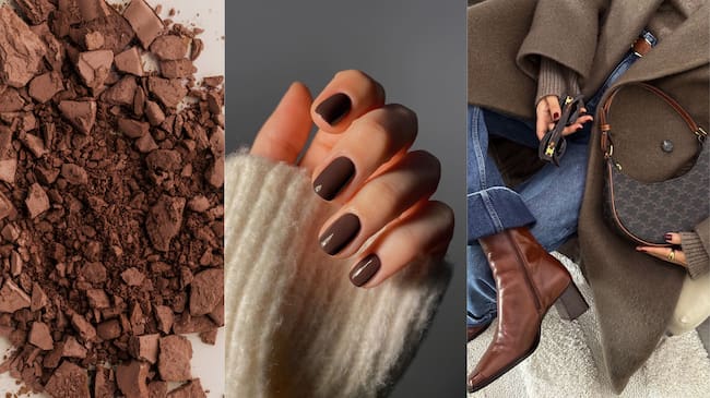 Diseño de uñas y outfit mocha mousse. | Fotos tomadas de Pinterest: Kaboompics, Hilbeen, Elpistyle | Collage propio