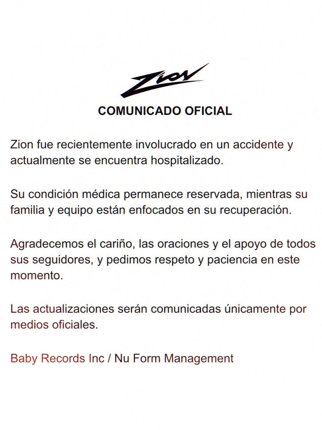 Créditos: Comunicado accidente Zion - IG