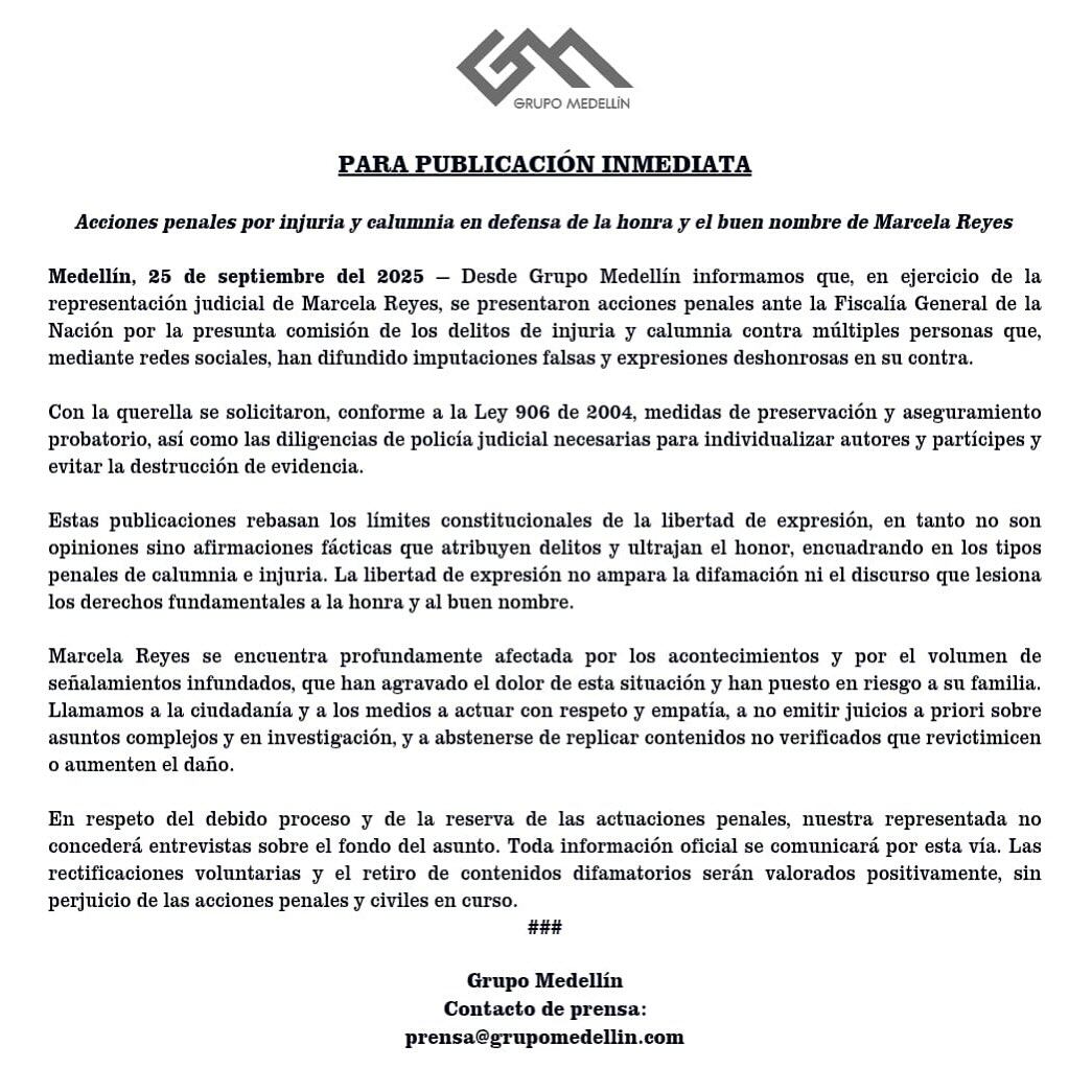 Créditos: Comunicado Marcela Reyes - IG