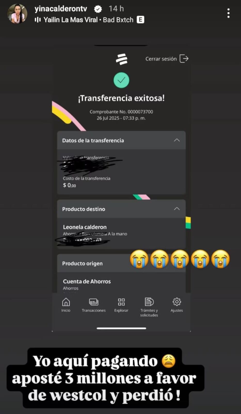 Pantallazo Yina Calderón Redes Sociales