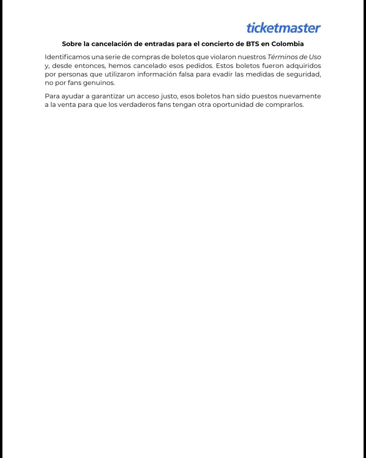 Créditos: Concierto de BTS en Colombia - Comunicado de Ticketmaster