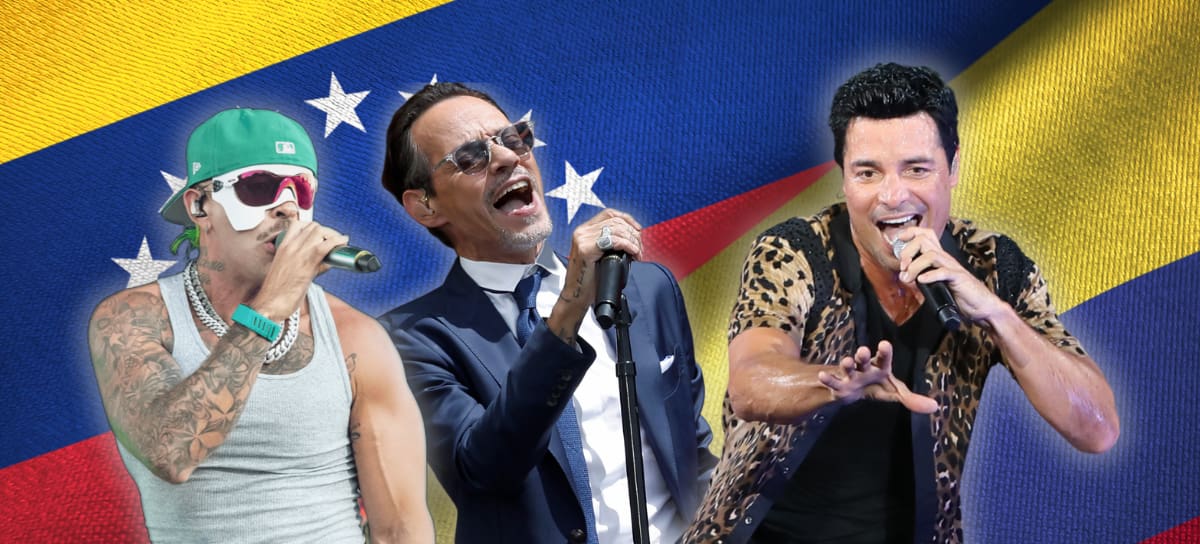 Feid, Marc Anthony y Chayanne con un fondo de las banderas de Colombia y Venezuela. | Getty Images