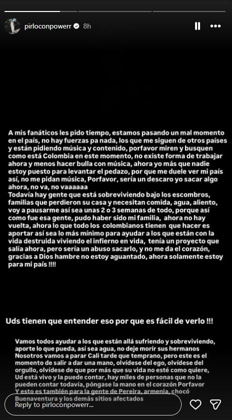 Comunicado de Pirlo // Crédito: Tomado de Instagram @pirloconpowerr.