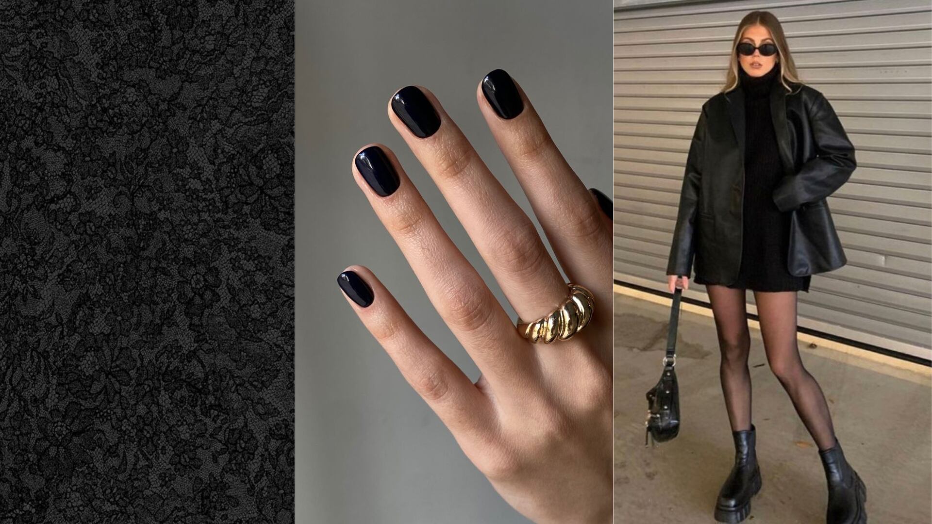 Diseños de uñas y outfits negros | Fotos tomadas de Pinterest: Sara, Ania Ka, MQ. | Collage propio