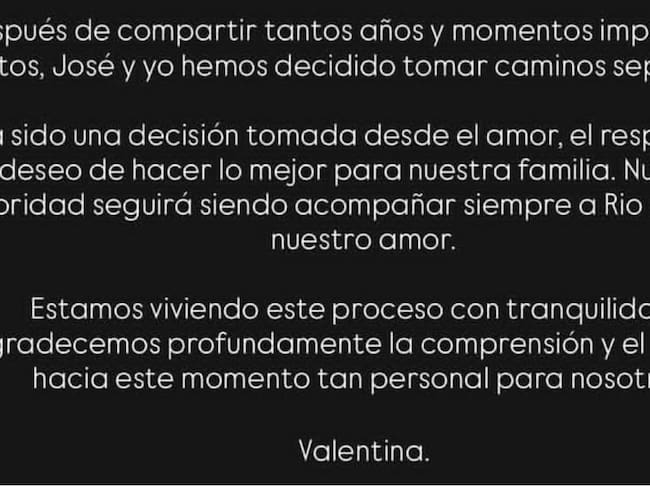 Comunicado oficial Valentina Ferrer Via Instagram