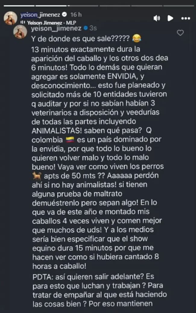 Créditos: Captura de pantalla de historias de Yeison Jiménez