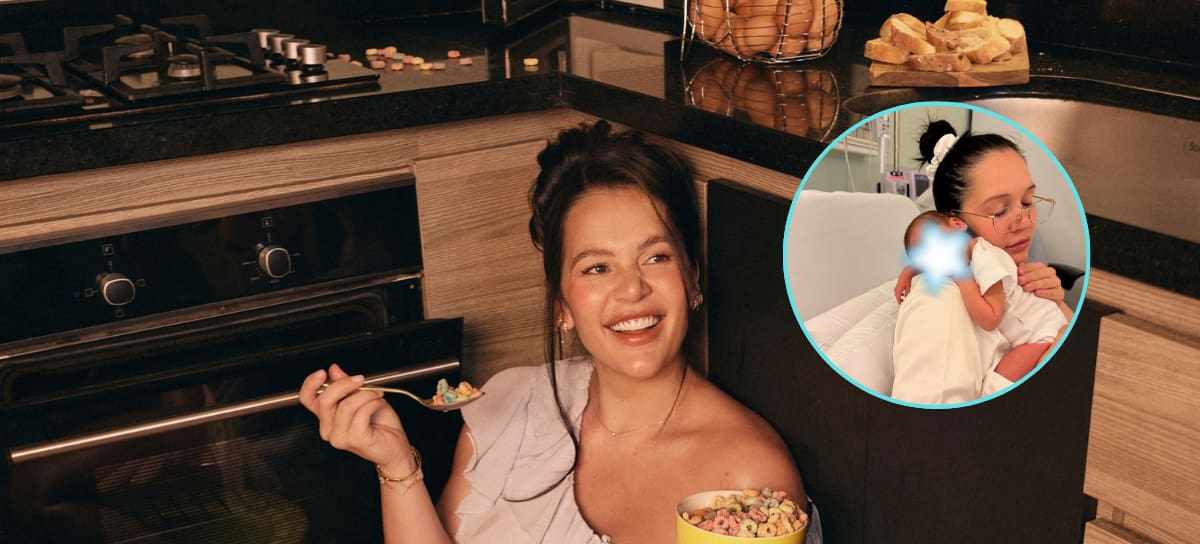 Lina Tejeiro sonriendo y un círculo con su hijo en brazos | Foto vía Instagram @linatejeiro