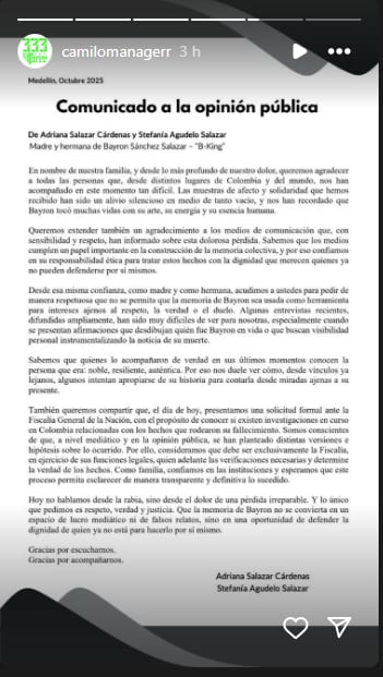 Comunicado mánager de B- King | Créditos: Instagram Camilo