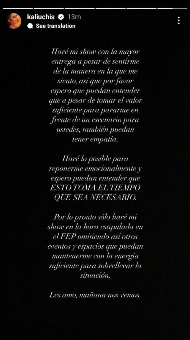 Comunicado de Kali uchis / vía Instagram